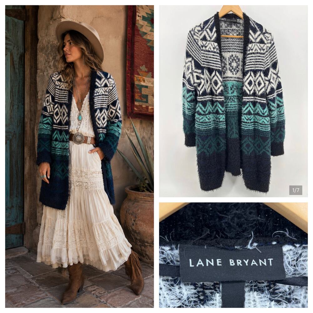 Lane Bryant Longline Eyelash Open Front Cardigan 14 16 Teal Soft Southwestern